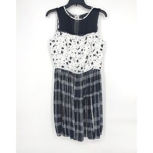 Vertigo Womens XS Black White Paint Splatter Grid Pleated Mesh Mini Dress